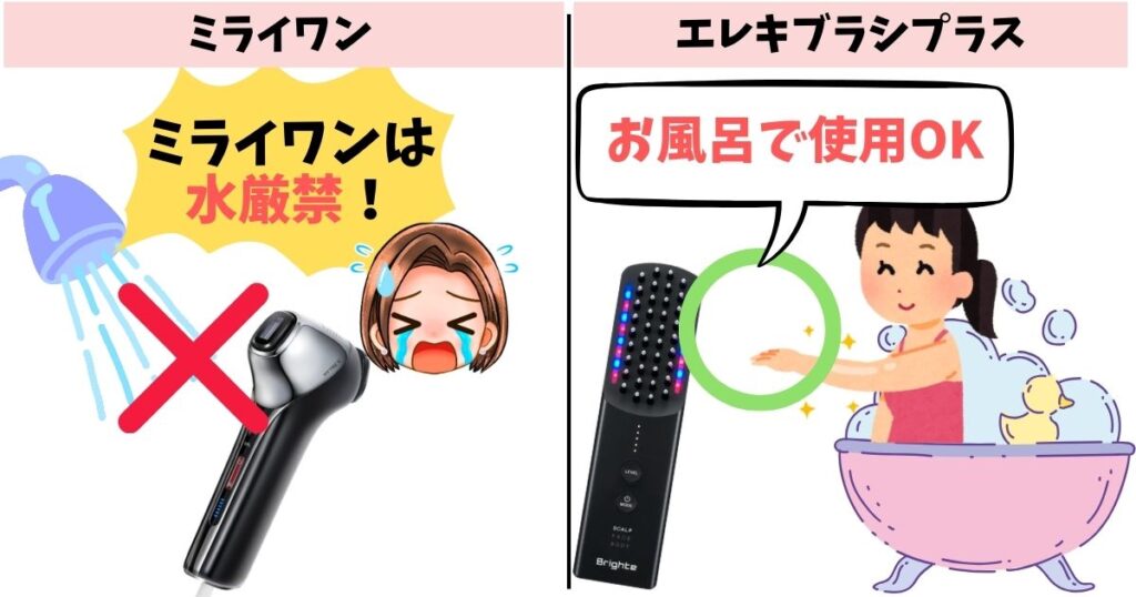 防水性能:【注意】非防水ミライワン、【便利】ヘッド水洗いOKエレキブラシ