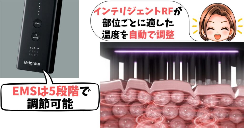 エレキブラシプラスはEMSのレベルが5段階で調節可能。RFは自動調節。