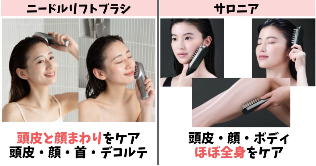 使用部位:顔・頭皮中心ならニードルリフトブラシ、ボディケアもしたいならサロニア