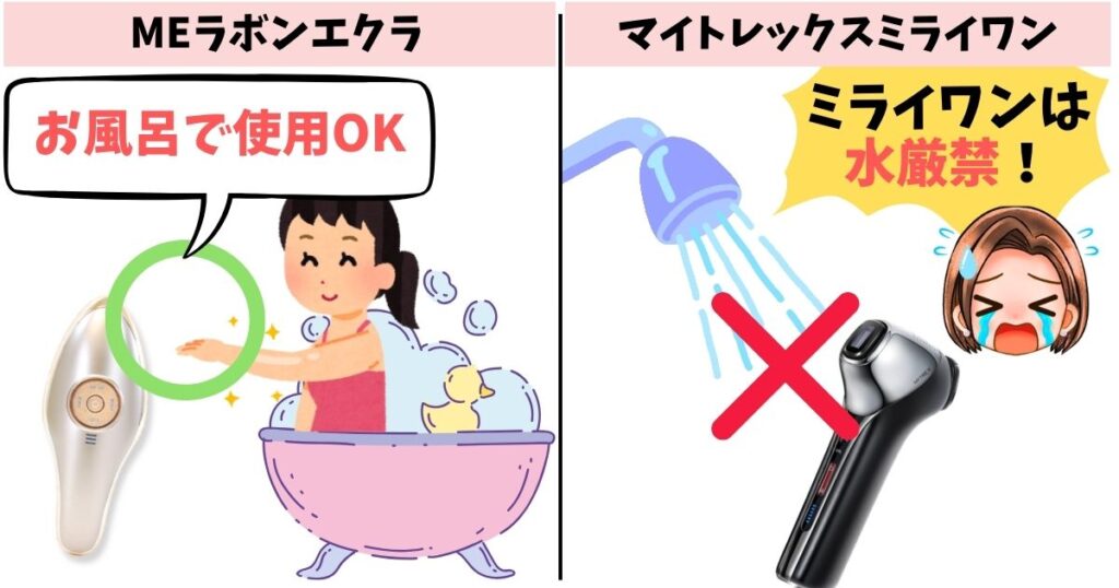 防水性能:ラボンエクラはIPX5の生活防水、ミライワンは防水なし