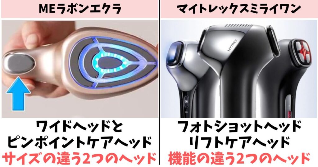 ヘッドの形状:ラボンエクラはワイド+ピンポイント、ミライワンはフォト+リフトケア