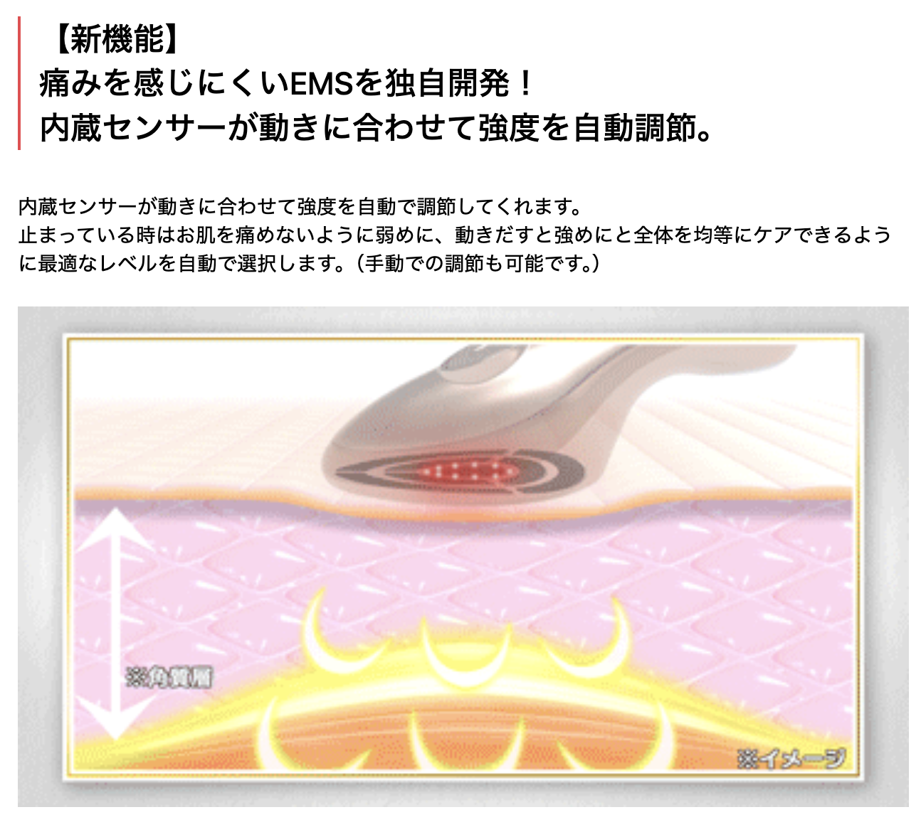 MEラボンエクラには表情筋をしっかり刺激しつつ、痛みを感じにくい独自開発のEMSが搭載