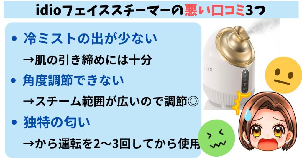idioフェイススチーマーの悪い口コミ3つ